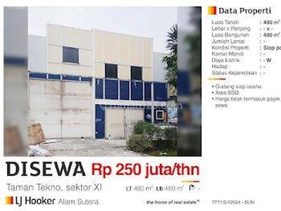 Dijual Gudang Siap Pakai Taman Tekno Sector 11 Bsd Tangerang