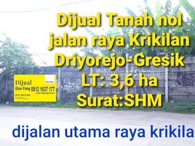 Dijual Tanah Raya Krikilan Driyorejo Gresik