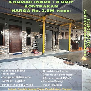 9 unit kontrakan + 1 Rmh Induk 2 lantai, LT.288m2. Nempel Bintaro Jaya