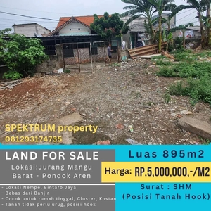 Tanah hook 895m2 nempel Bintaro Jaya, strategis, jauh dari banjir