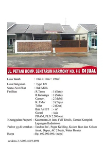 Rumah Jual Jalan Petani Kompe Sentarum Harmony Type 120