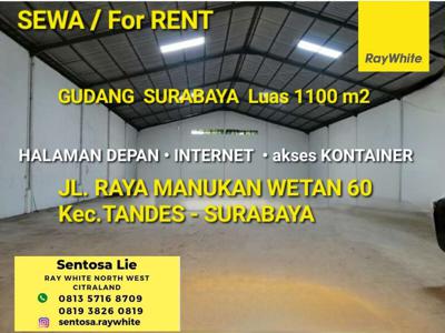 Disewakan 1100 m2 Gudang Raya Manukan Wetan - Tandes - Surabaya