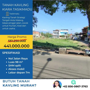 Promo Harga Murah Tanah Kavling TasikMadu Dekat ITN2 98m2