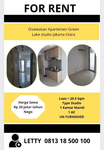 Disewakan Apartemen Green Lake Studio Rp 20 juta / tahun