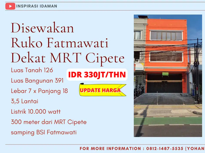 Ruko Fatmawati Dekat Mrt Cipete Disewakan 3,5lantai Lebar 7