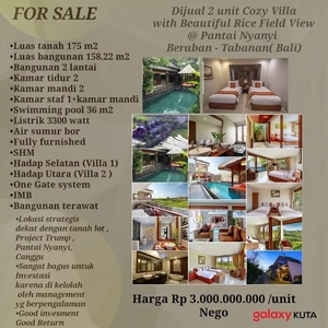 Dijual 2 unit Cozy Villa with Rice Field View Pantai Nyanyi Tabanan