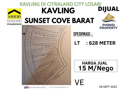 DIJUAL TANAH KAVLING SUNSET COVE BARAT CITRALAND CITY LOSARI CPI