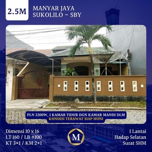 DIJUAL RUMAH MANYAR JAYA SUKOLILO SURABAYA SHM 1 LANTAI DKT KLAMPIS