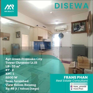 Disewa Apartemen Green Pramuka City Tower Chrysant, Tipe 2 BR