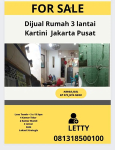 Dijual Rumah 3 lantai Siap Huni di Kartini Rp 925 juta nego