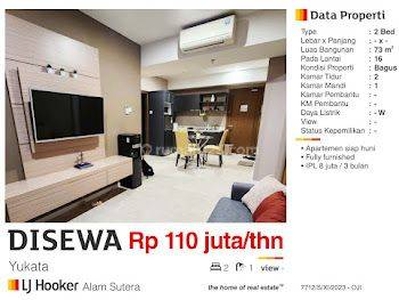 Disewa Apartemen 2 BR Yukata Suites Alam Sutera Tangerang Bagus Siap Huni Fully Furnished