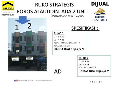 DIJUAL RUKO DIJALAN POROS ALAUDDIN STRATEGIS