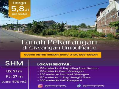 Jual Tanah Pekarangan Untuk Ruko 4 Pintu di Giwangan Yogyakarta.