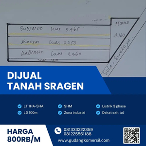 Dijual Tanah Industri Pergudangan 5 Ha Berlimbah Sragen