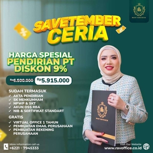 PROMO SAVETEMBER! Pendirian PT/CV/Yayasan FREE Virtual Office 1 TH