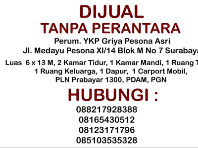 Jual Rumah Siap Huni Murah Tanpa Perantara Di GPA M7 Rungkut Surabaya