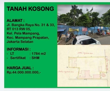 Dijual Tanah 1784 m² di Jl. Bangka Raya Mampang Prpt Jakarta Selatan