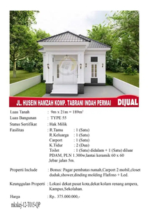Rumah Type 55 Jl Husein Hamzah Komp Tabrani Indah Permai