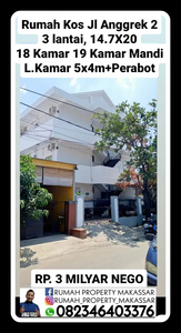 Rumah Kos Jl Anggrek 2 3 lantai, 14.7X20 18 Kamar 19 WC +Fasilitas