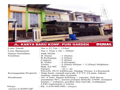 Dijual Rumah Karya Baru, Komp. Puri Garden, Strategis, Pusat Kota