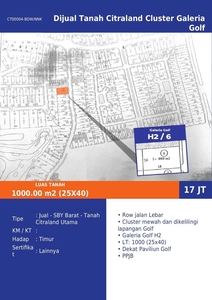 Jual Tanah Citraland Cluster Galeria Golf H2 Hadap Timur Cluster Mewah