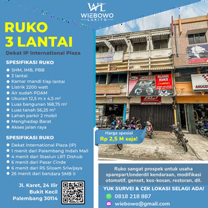 Dijual Ruko Palembang - Dekat IP International Plaza 3 Lantai