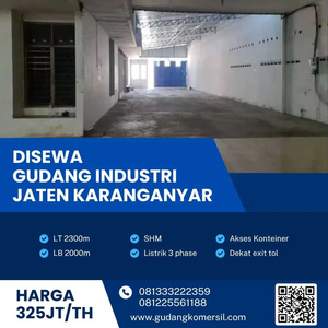 Disewakan gudang Industri Pergudangan 2300m Berlimbah Karanganyar.