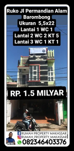 Ruko Jl Permandian Alam Barombong Ukuran 5,5x22 kmr 4 wc7 -3 Lantai