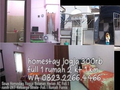 Sewa Homestay Yogya Bulanan Harian AC Full 1 rumh 2KT Keluarga Strate