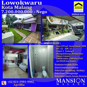 Dijual Rumah Luas 499m2 dengan Kost Aktif 12 Kamar Lokasi Lowokwaru - Malang Jawa Timur