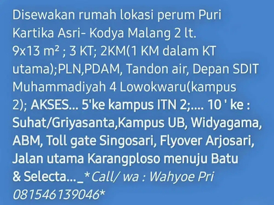 Rumah disewakan dekat tol singosari, Suhat, ITN2 & Arjosari