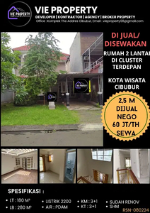 RUMAH DISEWAKAN NEGO SAMPE DEAL Dalam cluster terdepan Kota Wisata