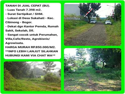 Tanah Murah 7.300m2 (Rp.850rb/m2) SHM dekat Pemda Cibinong-Bogor.