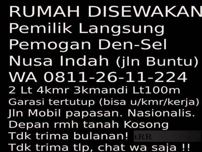 DiSEWAKAN RUMAH Nusa Indah Pemogan Denpasar 2Lt 4KT 3Km+Garasi ByOwner