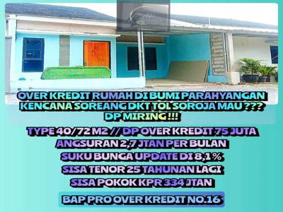 Take Over Kredit Rumah @ BUMI PARKEN SOREANG DP 75Jt Ang 2,7Jtan Aja !