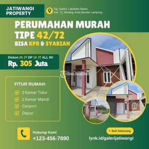 Dijual Rumah Type 42/72 2KT 1KM Carport Dapur Perumahan Murah Bisa KPR Syariah Lokasi Dekat Pusat Kota - Bandar Lampung