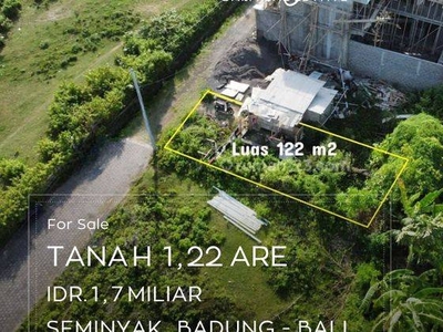 Tanah Hak Milik Seluas 1,22 Are di Dalam Kawasan Perumahan Seminyak Bali.