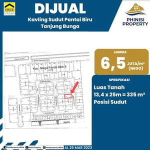 DIJUAL TANAH KAVLING POSISI SUDUT DI VILLA PANTAI BIRU TANJUNG BUNGA