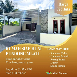 RUMAH SIAP HUNI READY KPR DI MLATI SLEMAN DEKAT SMPN 1 MLATI