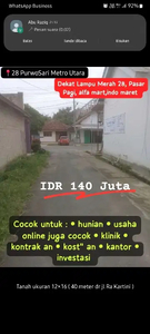 tanah siap bangun ukuran L 12 P 16 hanya 40 meter dr jl Ra Kartini