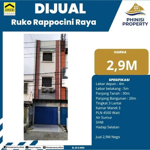 DIJUAL RUKO 3 LANTAI DI JALAN POROS RAPPOCINI RAYA AREA SANGAT RAMAI