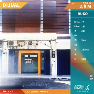 Dijual RUKO 3 lantai di Poros jln. Letjen S. Parman, Purwantoro,Malang