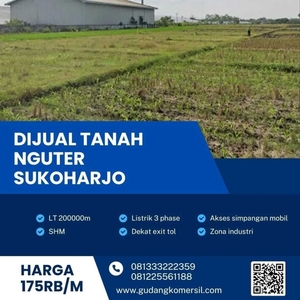 Dijual Tanah Industri Pergudangan 20 Ha Berlimbah di Sukoharjo.