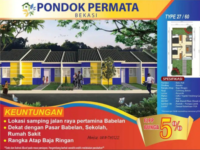 Dijual Perumahan Murah Subsidi Strategis Pondok Permata Terbaru