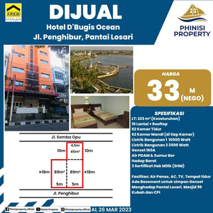 DIJUAL HOTEL D'BUGIS OCEAN DI JALAN PENGHIBUR PANTAI LOSARI