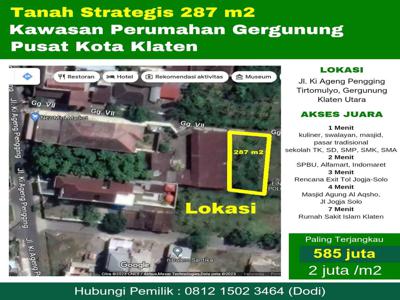Tanah Perumahan Strategis 287 m2 Pusat Kota Klaten