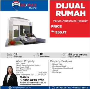 Dijual Rumah Perum Anthurium Regency Dengan Type 50/98