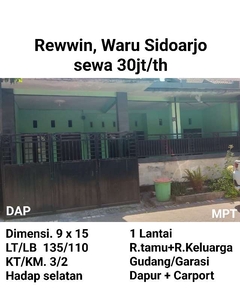 Disewakan Rumah Rewwin Waru Sidoarjo Kamar 3 Siap Huni