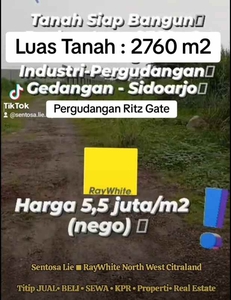 Dijual 2750 M2 Tanah Industri Pergudangan Ritz Gate Gedangan Sidoarjo