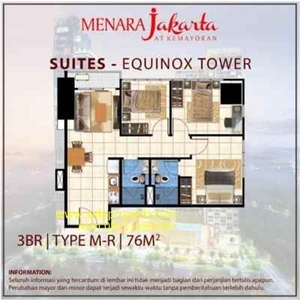 Dijual Apartemen Menara Jakarta Tower Equinox 3 Br 76m Siap Huni Murah